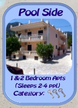 POOL Side  Apartments.: 1 & 2 bedroom apartments (accommodates 2- 4 ppl), air-conditioned, private parking, over 25 channel TV network (Greek, English, Italian, French, German), free PPV channels, adult pool, kids pool, Jacuzzi, jet showers, free sun beds and umbrellas, pool side bar. All rooms have a private fully operational kitchen & bathroom.